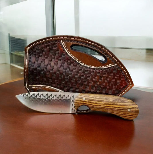 "Handcrafted Western belt knife with olive wood handle and leather sheath"

