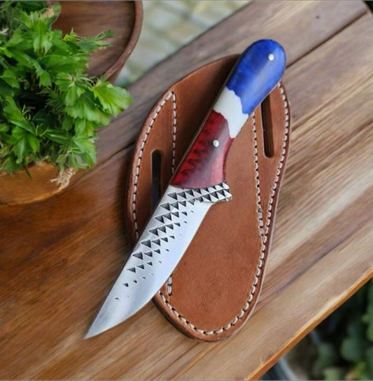 "Handcrafted Western belt knife with rasp tool blade and resin handle"

