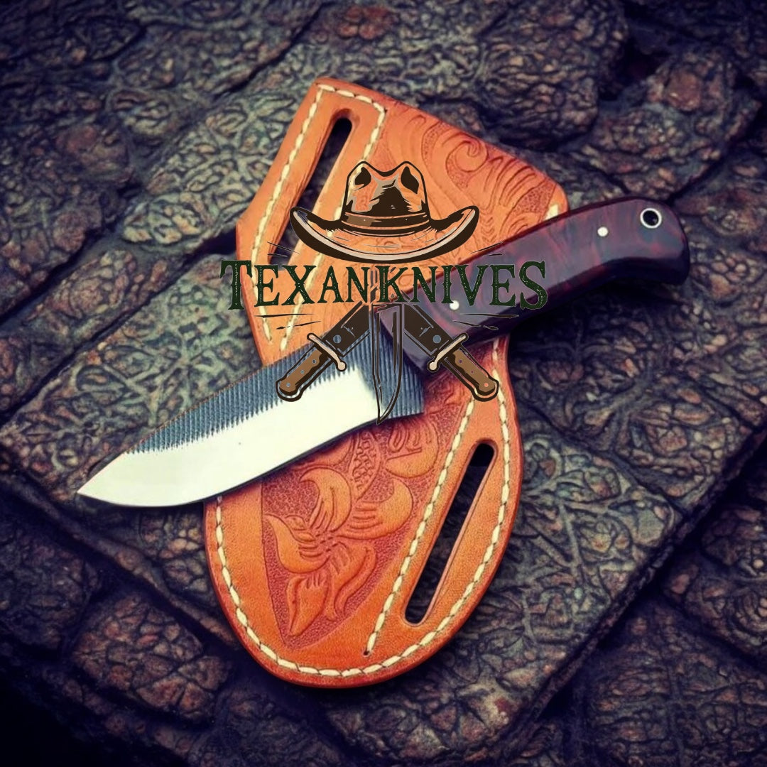 "Handcrafted Western belt knife with rasp tool blade and resin handle on leather sheath"

