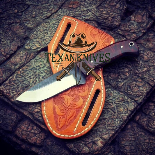 "Handcrafted Western belt knife with rasp tool blade and resin handle on leather sheath"


