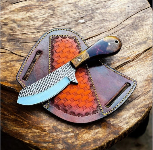 "Handcrafted Western belt knife with rasp tool blade and resin wood handle"

