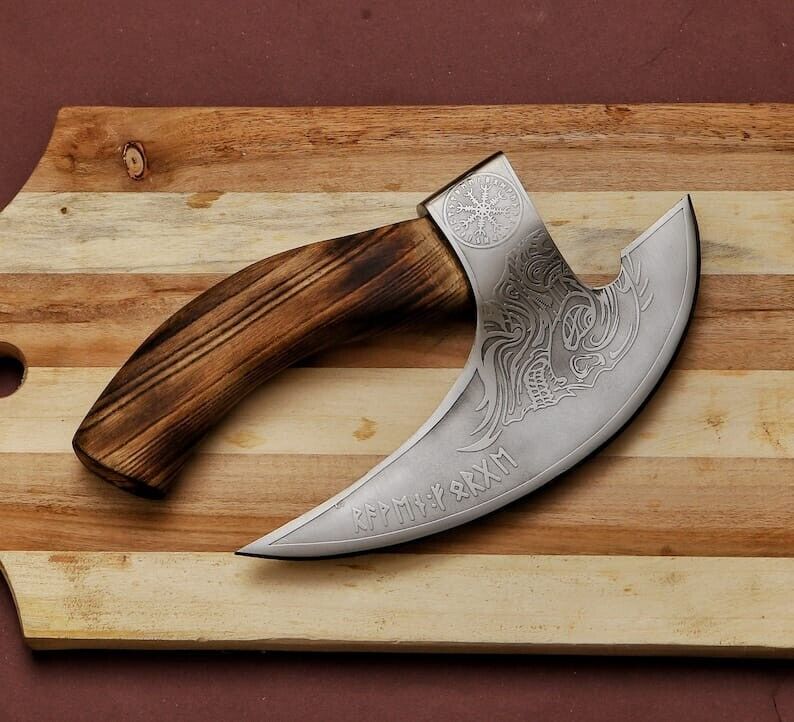 Handcrafted axe pizza cutter with J2 steel blade and wooden handle