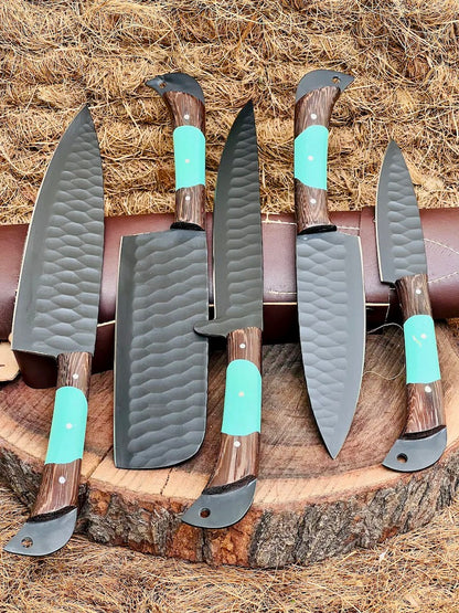 Handcrafted knife set with 8-inch forged stainless steel blade and Wenge wood resin handle