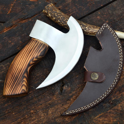 Handcrafted pizza cutter with J2 steel blade and wooden handle for kitchen use