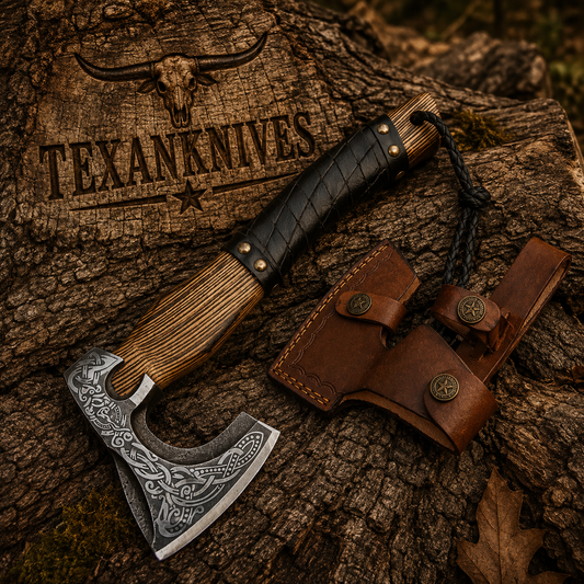 Handmade 15-inch forged steel tomahawk with ash wood handle and leather sheath
