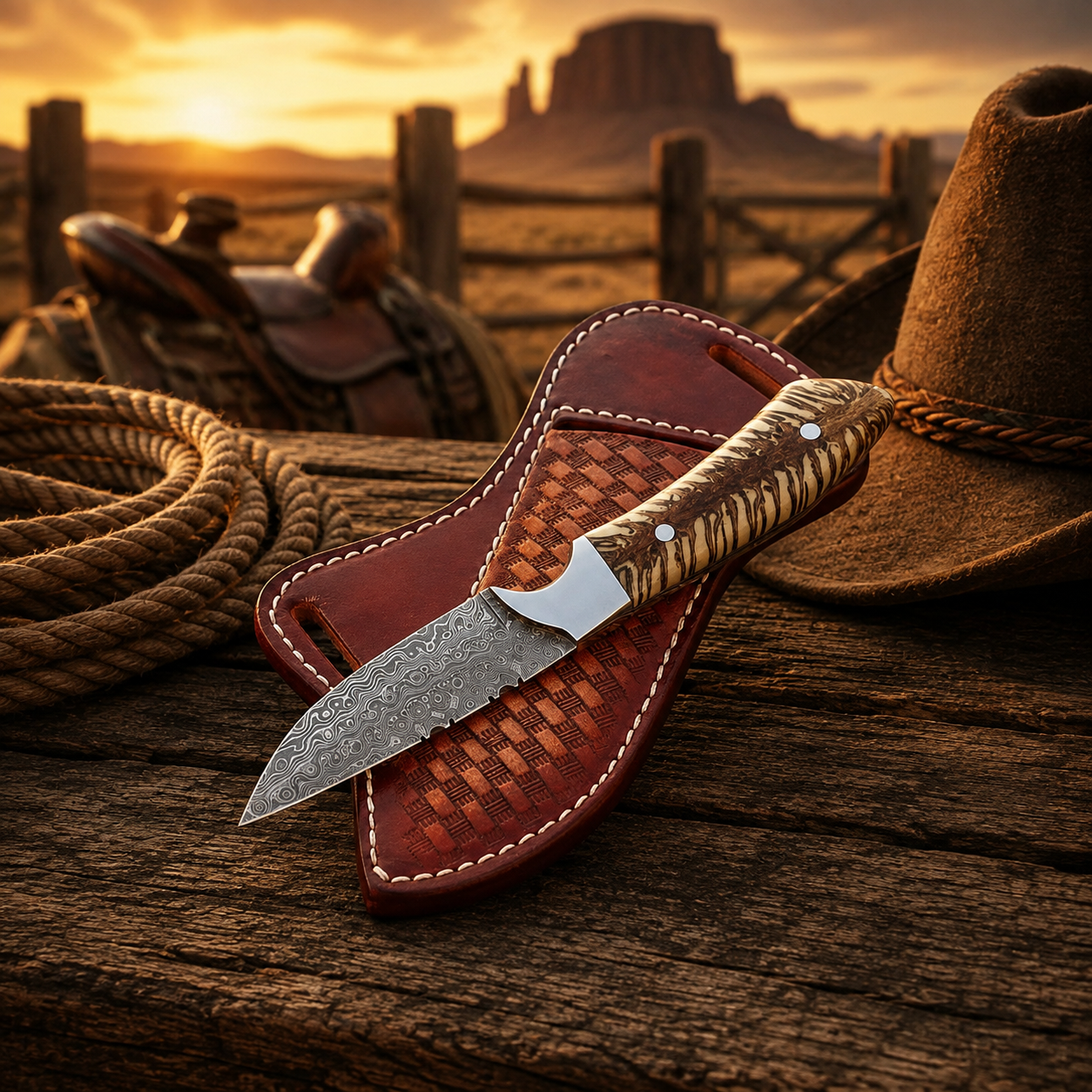 Handmade 8-inch cowboy knife with epoxy resin handle and leather sheath