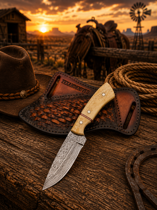 Handmade 8.5-inch Damascus steel belt knife with camel bone handle, steel bolster and leather sheath