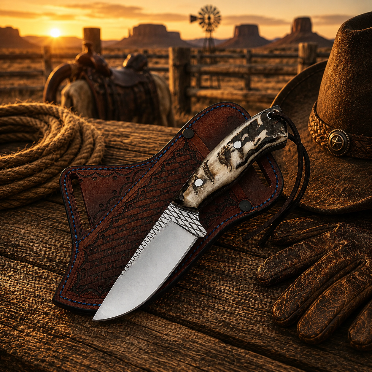 Handmade Buckaroo Cowboy Knife with rasp tool steel blade, sheep horn handle and leather sheath
