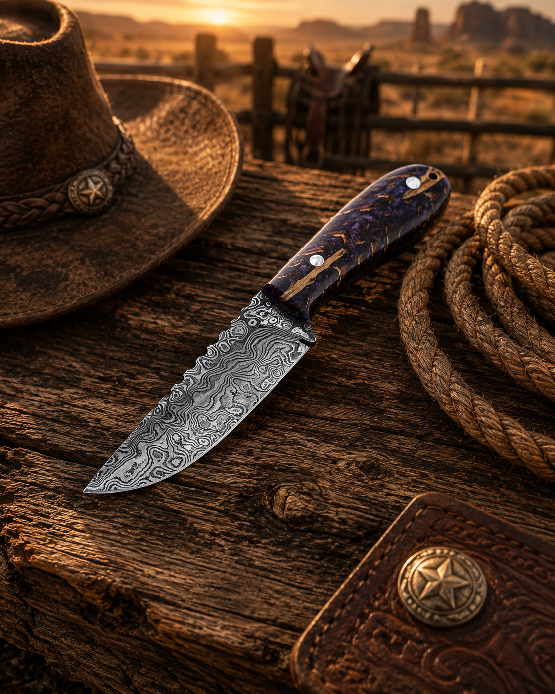 Handmade Buckaroo Knife with Damascus steel blade, pine cone resin handle, and leather sheath