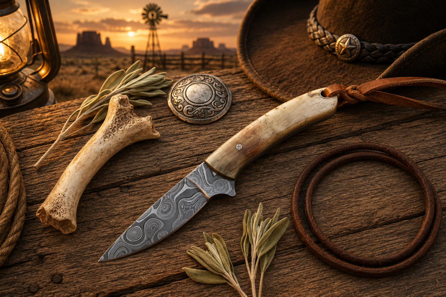 Handmade Buckaroo Knife with Damascus steel blade, sheep horn handle, and leather sheath
