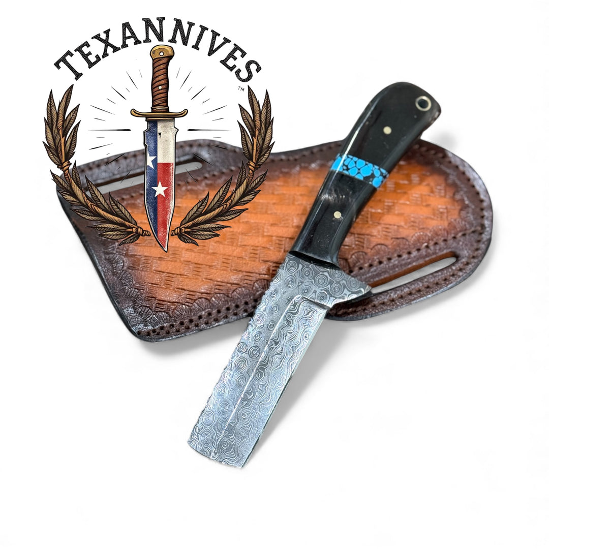 Handmade Bull Cutter Knife with Damascus steel blade, genuine buffalo horn handle, and leather sheath