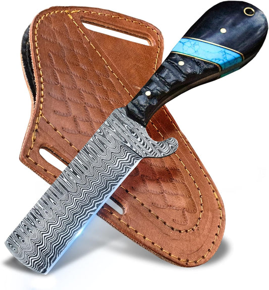 Handmade Bull Cutter Knife with Damascus steel blade, resin or sheep horn handle and leather sheath

