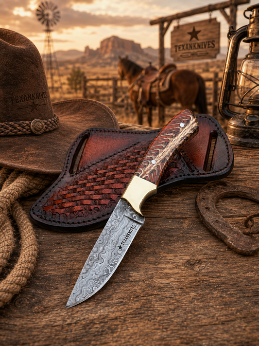 Handmade Cowboy Field Knife with Damascus steel blade, green pine cone resin handle, steel bolster and leather sheath
