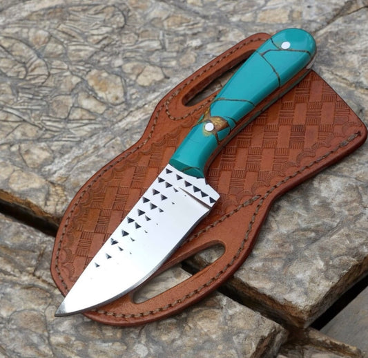 Handmade Cowboy Knife – 8" Rasp Tool Steel Blade with Resin Handle & Leather Sheath
