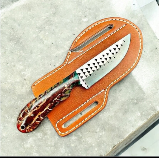 Handmade Cowboy Knife and Sheath Set with 8" Rustic Blade, Pine Cone Handle, and Leather Belt Loop Case – Perfect for Outdoor Adventures

