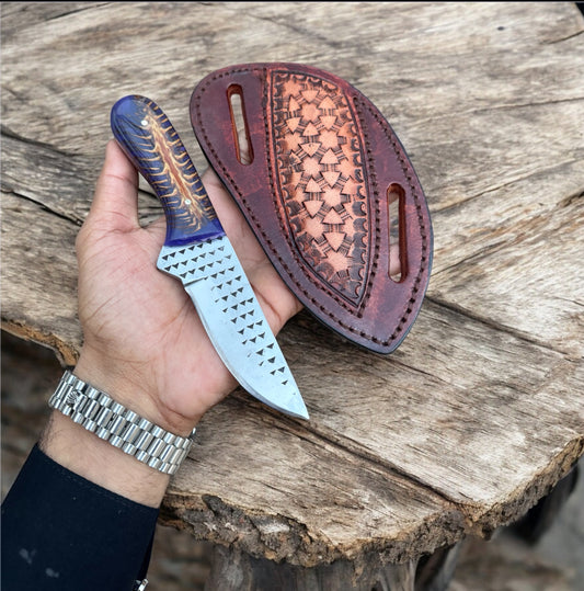 Handmade Cowboy Knife with Pancake Sheath – 10" Rasp Tool Steel Blade & Resin Pine Cone Handle











