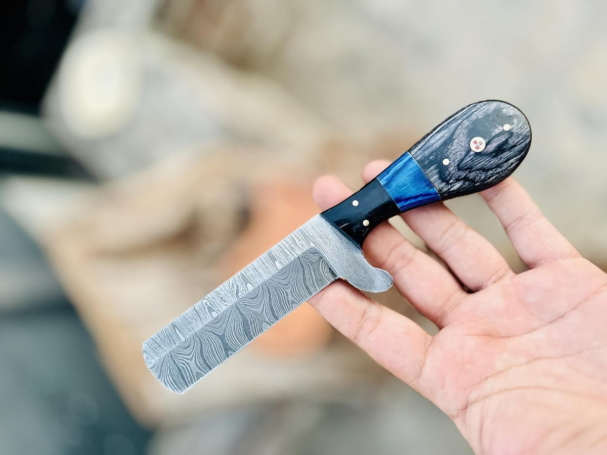 Handmade Damascus Bull Cutter Knife with 4-inch blade, resin and Pakka wood handle