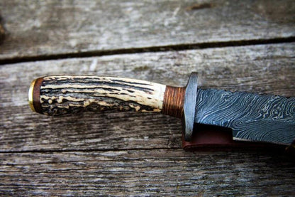 Handmade Damascus Steel 1800s Bowie Knife with Leather Sheath.