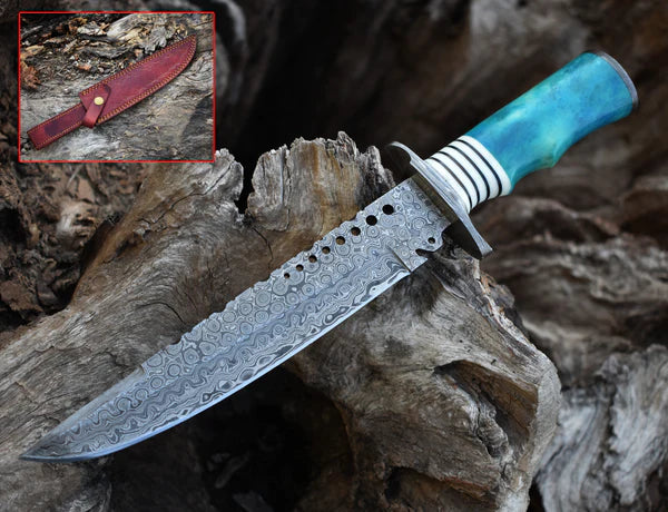 Handmade Damascus Steel Bowie Knife with Camel Bone Handle and Damascus Steel Guard