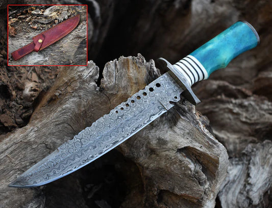 Handmade Damascus Steel Bowie Knife with Camel Bone Handle and Damascus Steel Guard