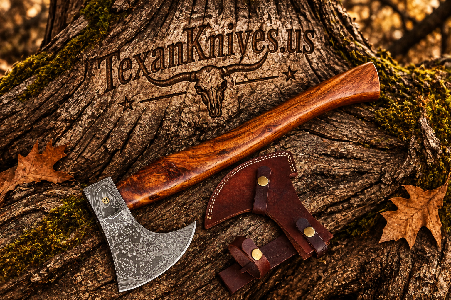 Handmade Damascus Steel Tomahawk Axe with 19-inch rosewood handle and leather sheath