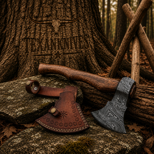 Handmade Damascus Steel Tomahawk Axe with a 19-inch overall length, natural rosewood handle, patterned Damascus steel head, and leather sheath.