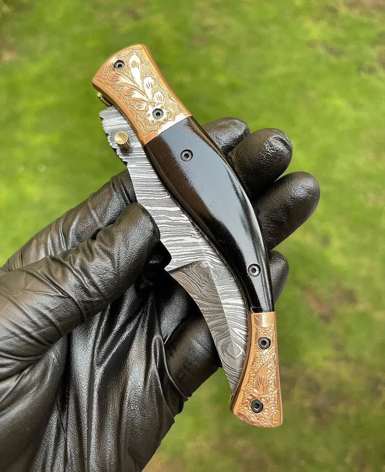 Handmade Damascus blade EDC pocket knife with a vibrant bone handle and brass bolster, perfect gift item