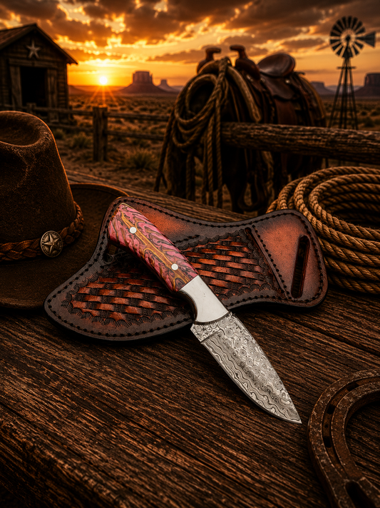 Handmade Damascus cowboy knife with pine cone handle, steel bolster and leather sheath