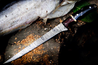 Handmade Damascus fillet knife with buffalo horn rosewood handle brass spacers and leather sheath