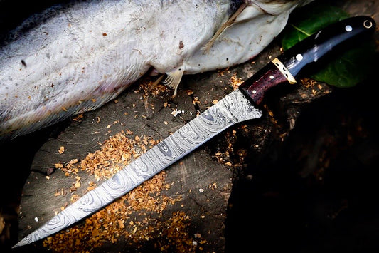 Handmade Damascus fillet knife with buffalo horn rosewood handle brass spacers and leather sheath
