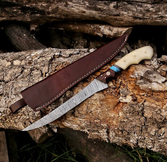 Handmade Damascus fishing fillet and boning knife with camel bone rosewood handle and leather sheath