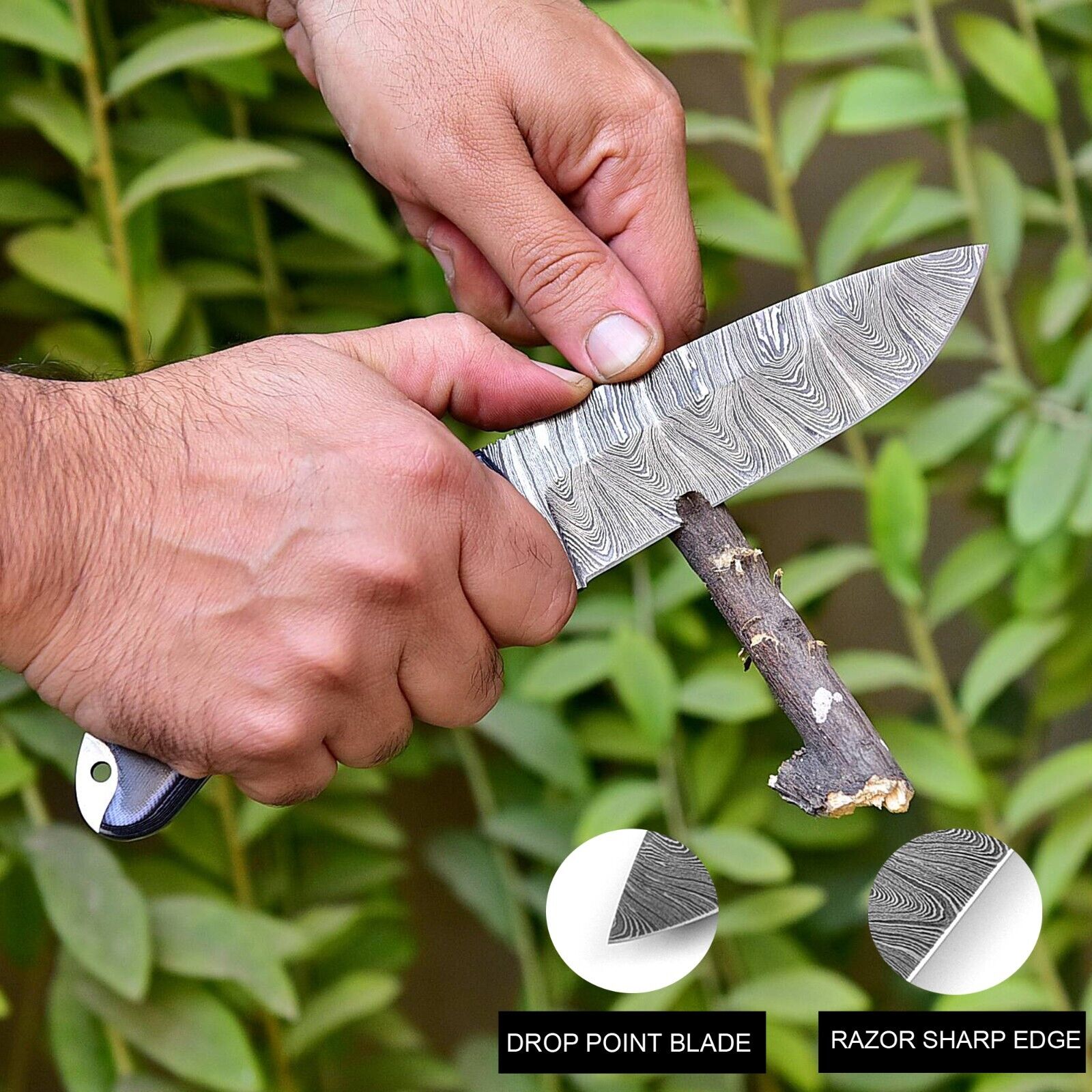 Handmade Damascus hunting knife with durable G10 handle and protective leather sheath.