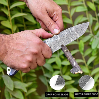Handmade Damascus hunting knife with durable G10 handle and protective leather sheath.