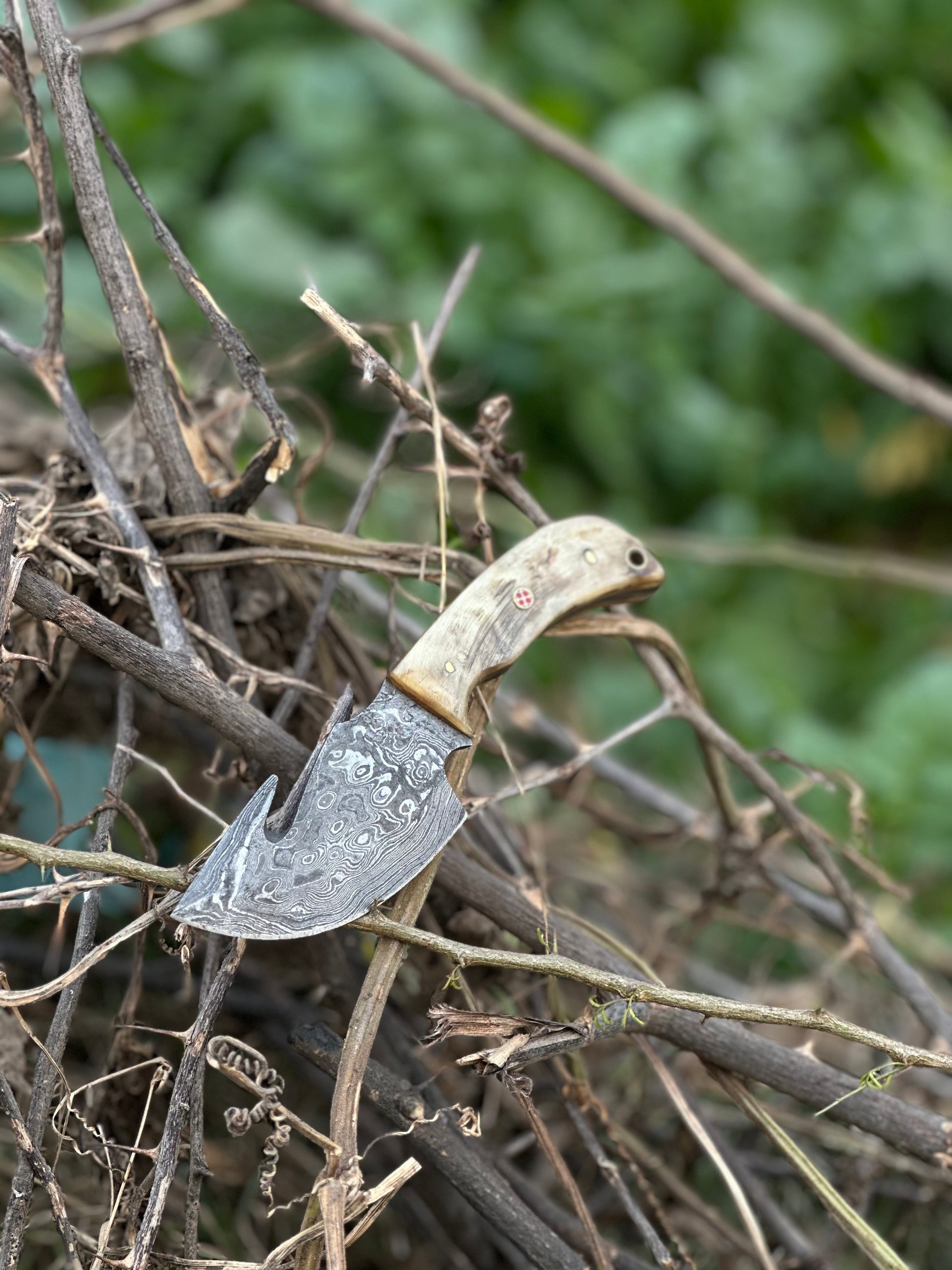 Handmade Damascus steel skinning knife with a guthook design, sheep horn handle, and leather sheath