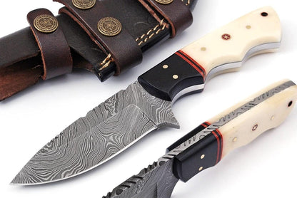 Handmade Damascus steel skinning knife with ergonomic buffalo horn and camel bone handle, 4.5-inch sharp blade for precise cuts