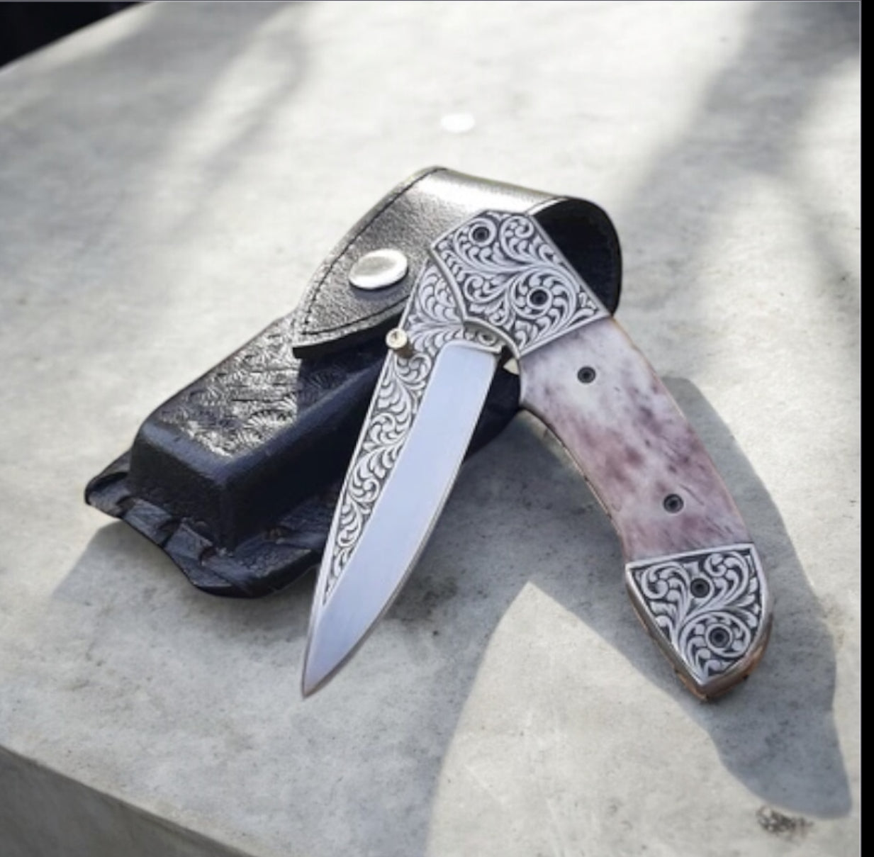 Handmade Engraved Pocket Knife with D2 Steel Blade, Steel Handle, and Leather Belt Loop Case
