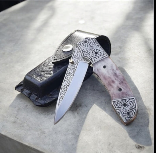 Handmade Engraved Pocket Knife with D2 Steel Blade, Steel Handle, and Leather Belt Loop Case