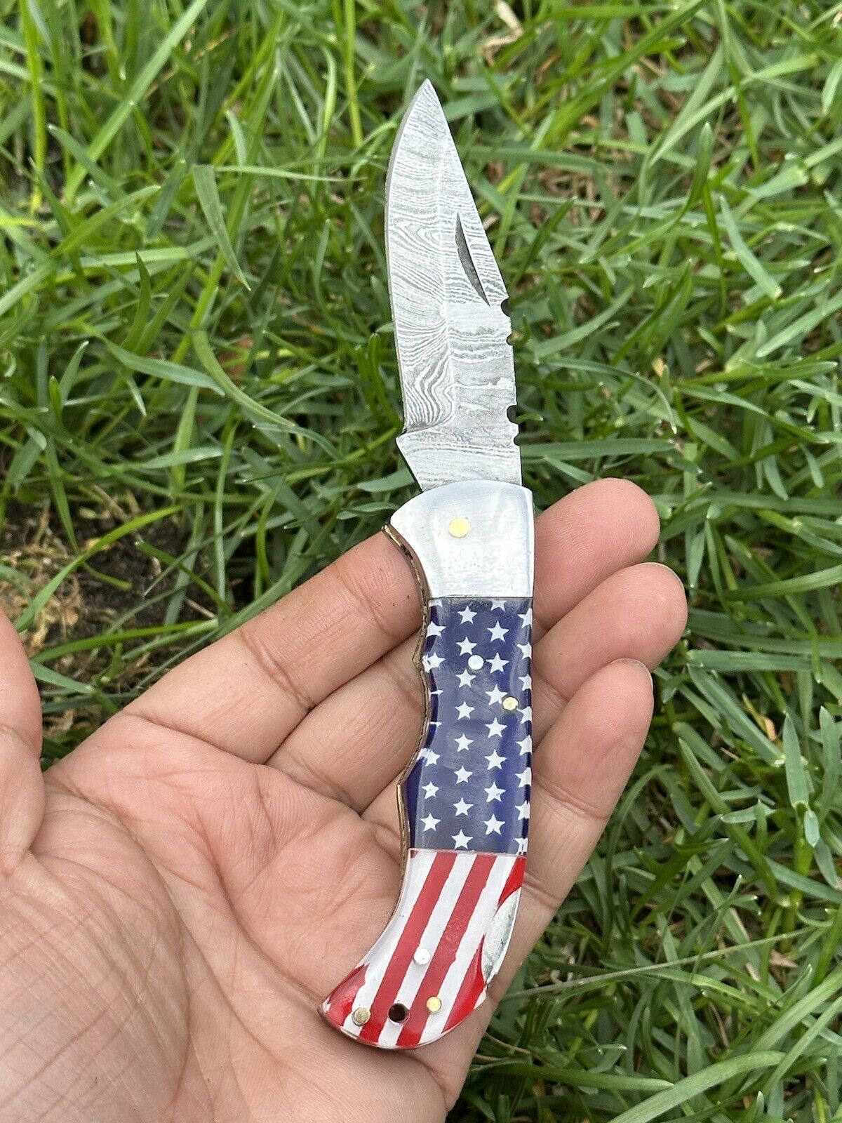 "Handmade Lone Star Damascus Pocket Knife with Bone and Pakka Wood Design"