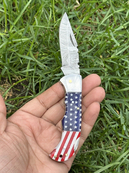 "Handmade Lone Star Damascus Pocket Knife with Bone and Pakka Wood Design"