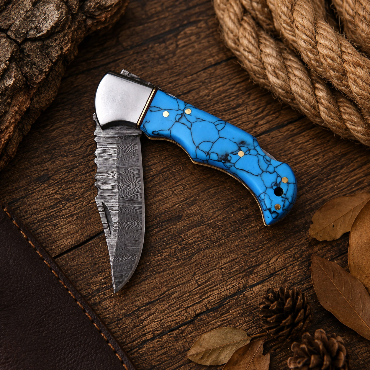 Handmade Outdoor Pocket Knife with Damascus steel blade, resin handle, and leather sheath