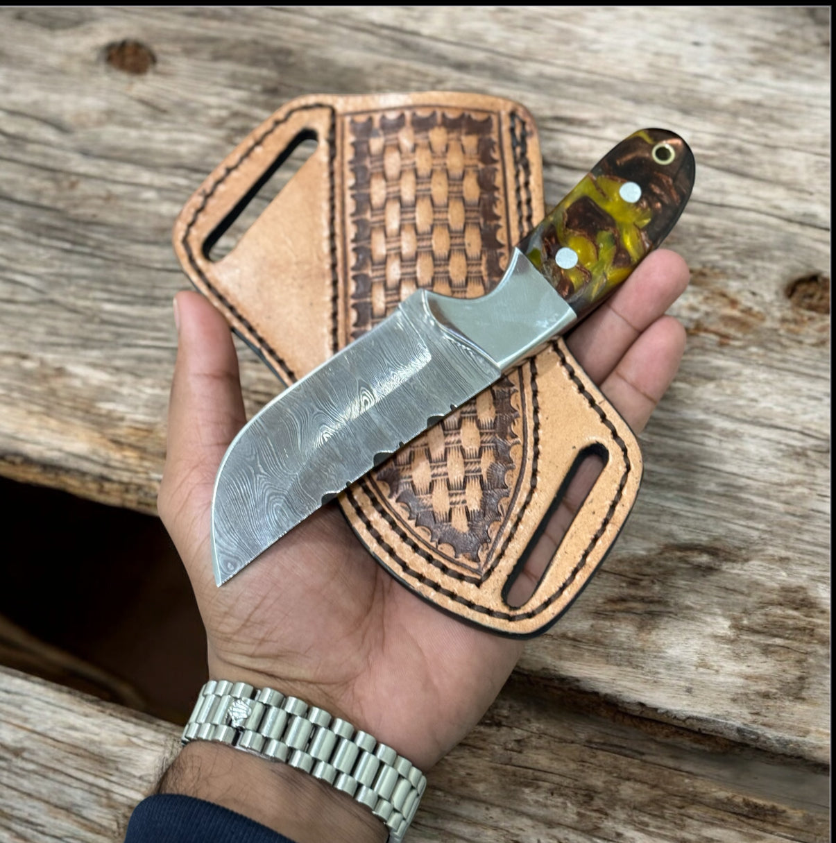 Handmade Cowboy Belt Knife | Rasp Steel Blade & Buffalo Horn Handle with Leather Sheath

