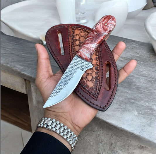 Premium Handmade Western Knife & Sheath – Damascus Blade, Resin & Rosewood Handle

