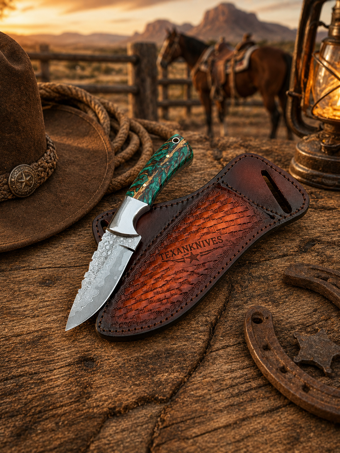 Handmade Ranch Knife with Damascus steel blade, green pine cone resin handle, steel bolster and leather sheath