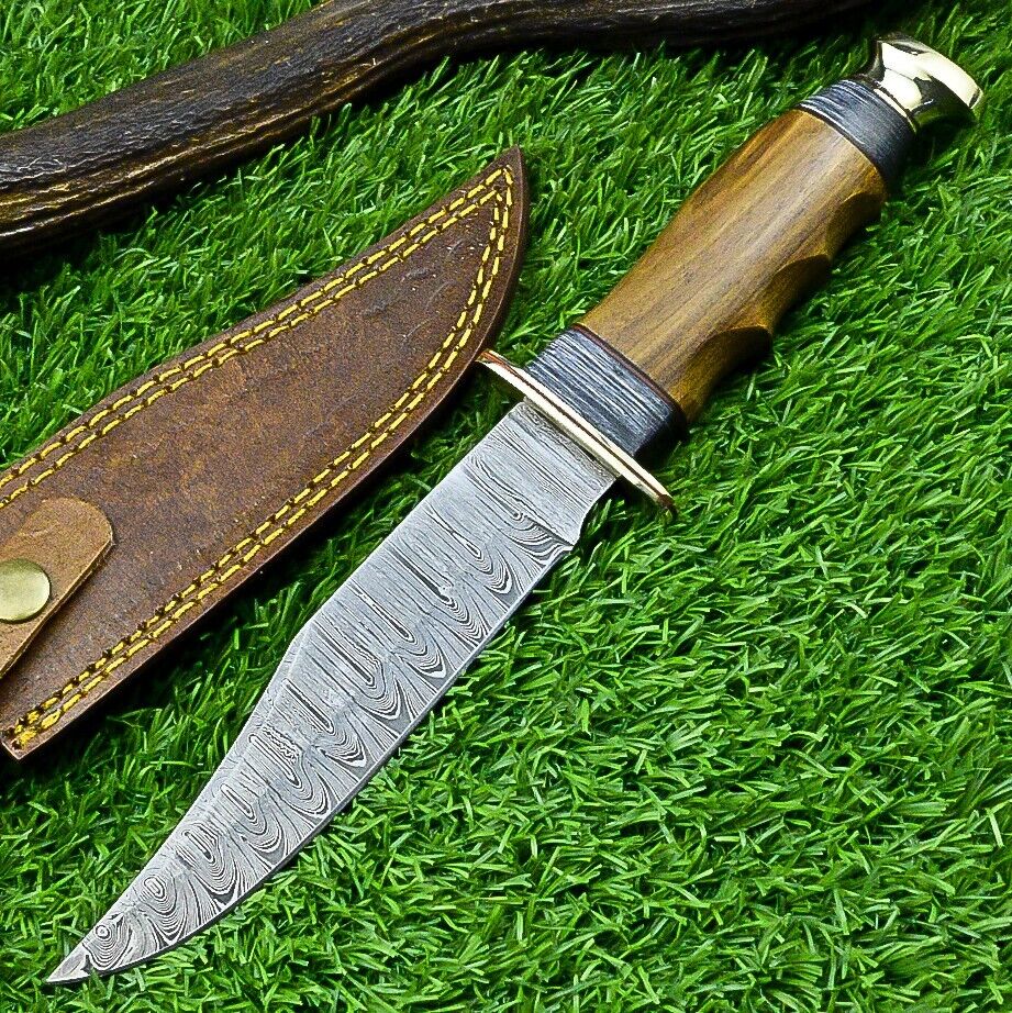 Western Boulder Colorado Knife – 11" Handmade Damascus Steel Blade with Olive Wood Handle & Leather Sheath

