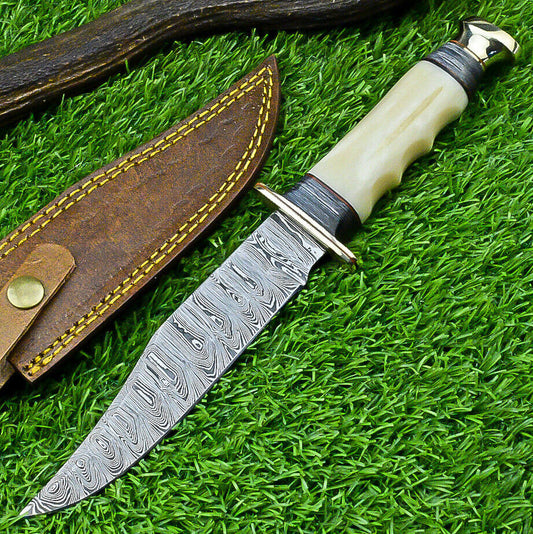 "Handmade Western Boulder Colorado Knife with Damascus Steel Blade and Camel Bone Handle"