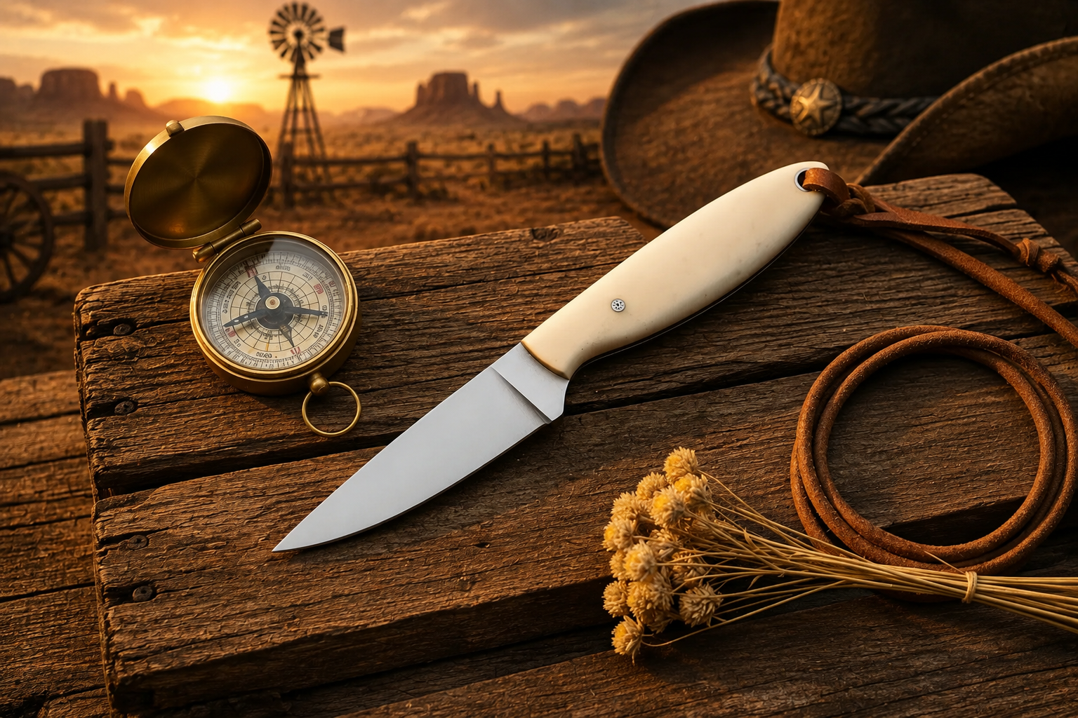 Handmade Western Buckaroo Knife with D2 steel blade, camel bone handle, and leather leather sheath