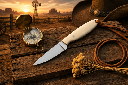Handmade Western Buckaroo Knife with D2 steel blade, camel bone handle, and leather leather sheath