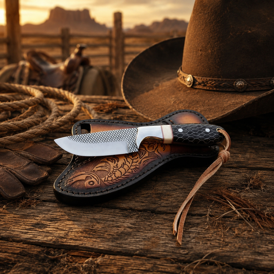 Handmade Western knife with rasp tool steel blade, honeycomb bone handle, steel bolster, and leather sheath