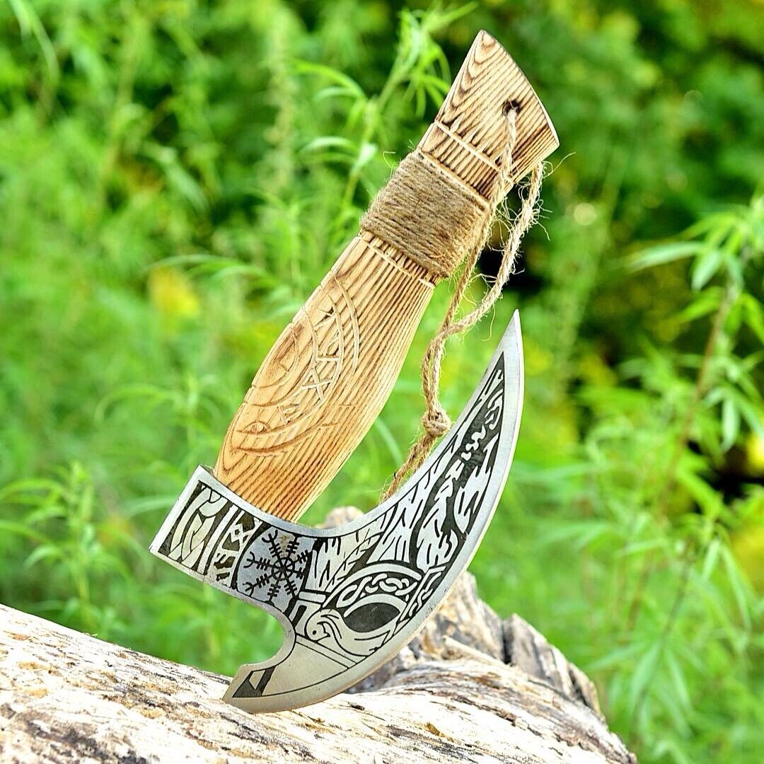 Handmade ax pizza cutter featuring intricate engravings and protective leather sheath