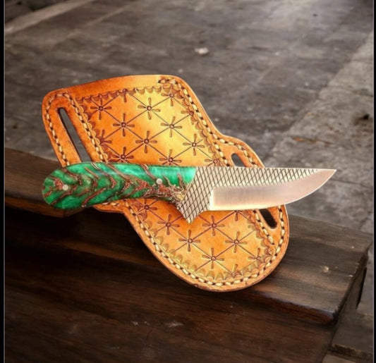 "Handmade custom everyday carry knife with rasp tool steel blade and pine cone resin handle"

